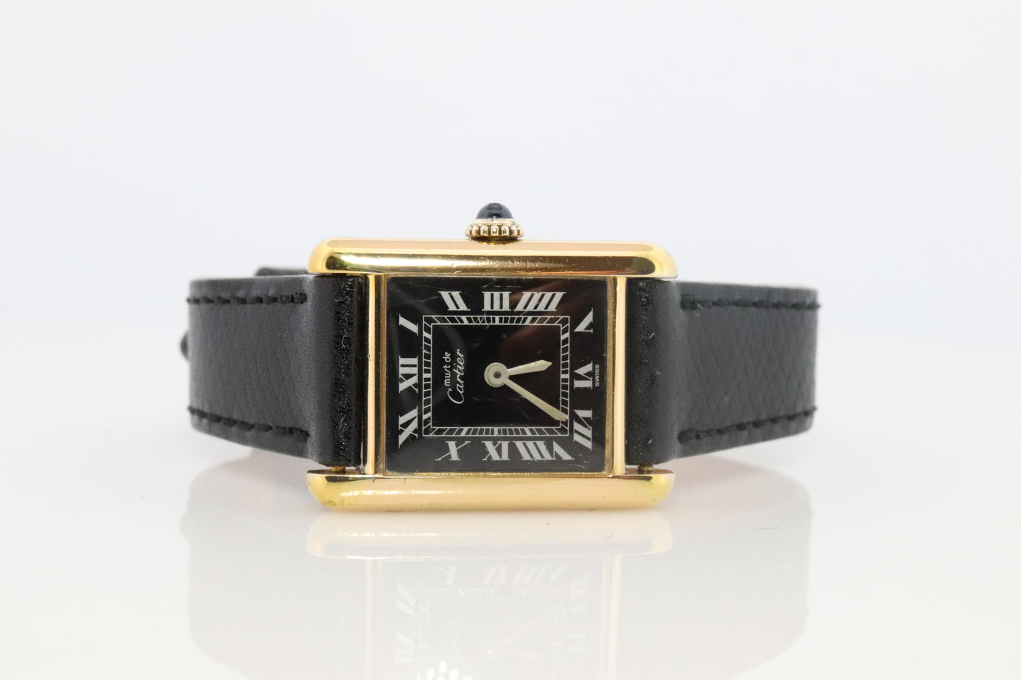 Vintage Must de Cartier Tank Black Dial Watch Vermeil ARGENT Small Manual Tank