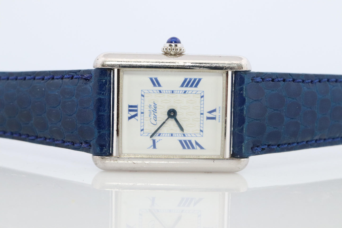 Vintage Must de Cartier Tank Watch. 925 Vermeil ARGENT 2416 Blue Dial Tank