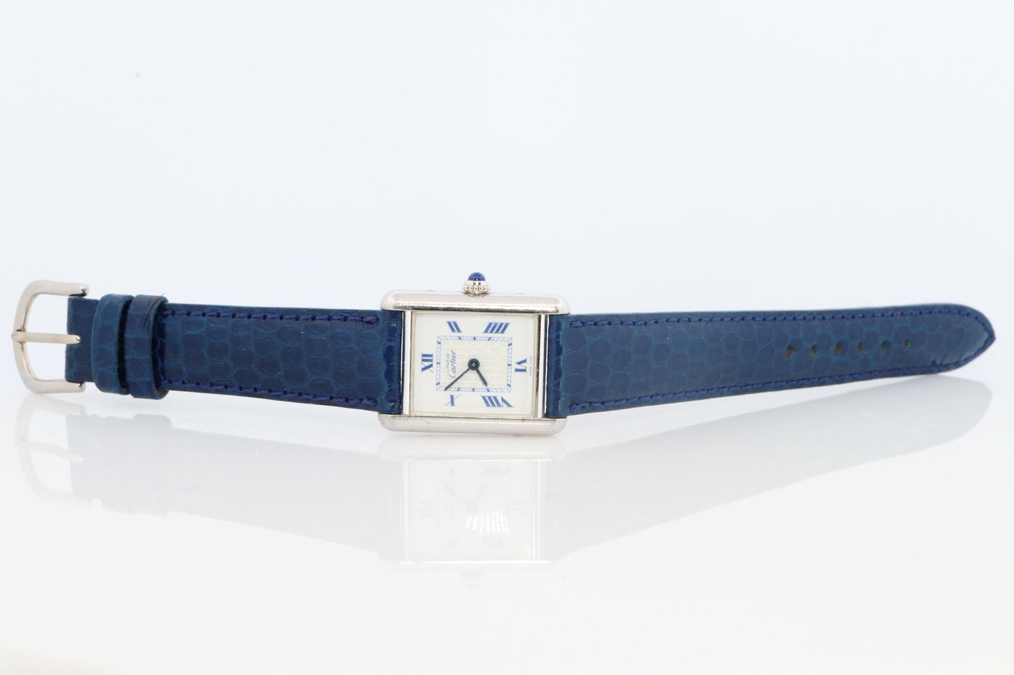Vintage Must de Cartier Tank Watch. 925 Vermeil ARGENT 2416 Blue Dial Tank