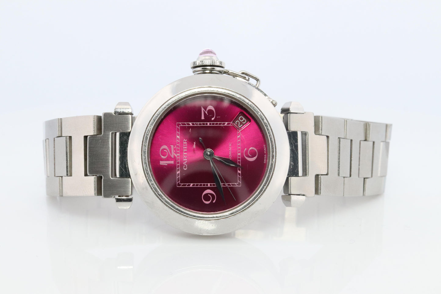 Vintage Cartier PASHA C Automatic 2324. Rare RED Cherry Bordeaux Dial.