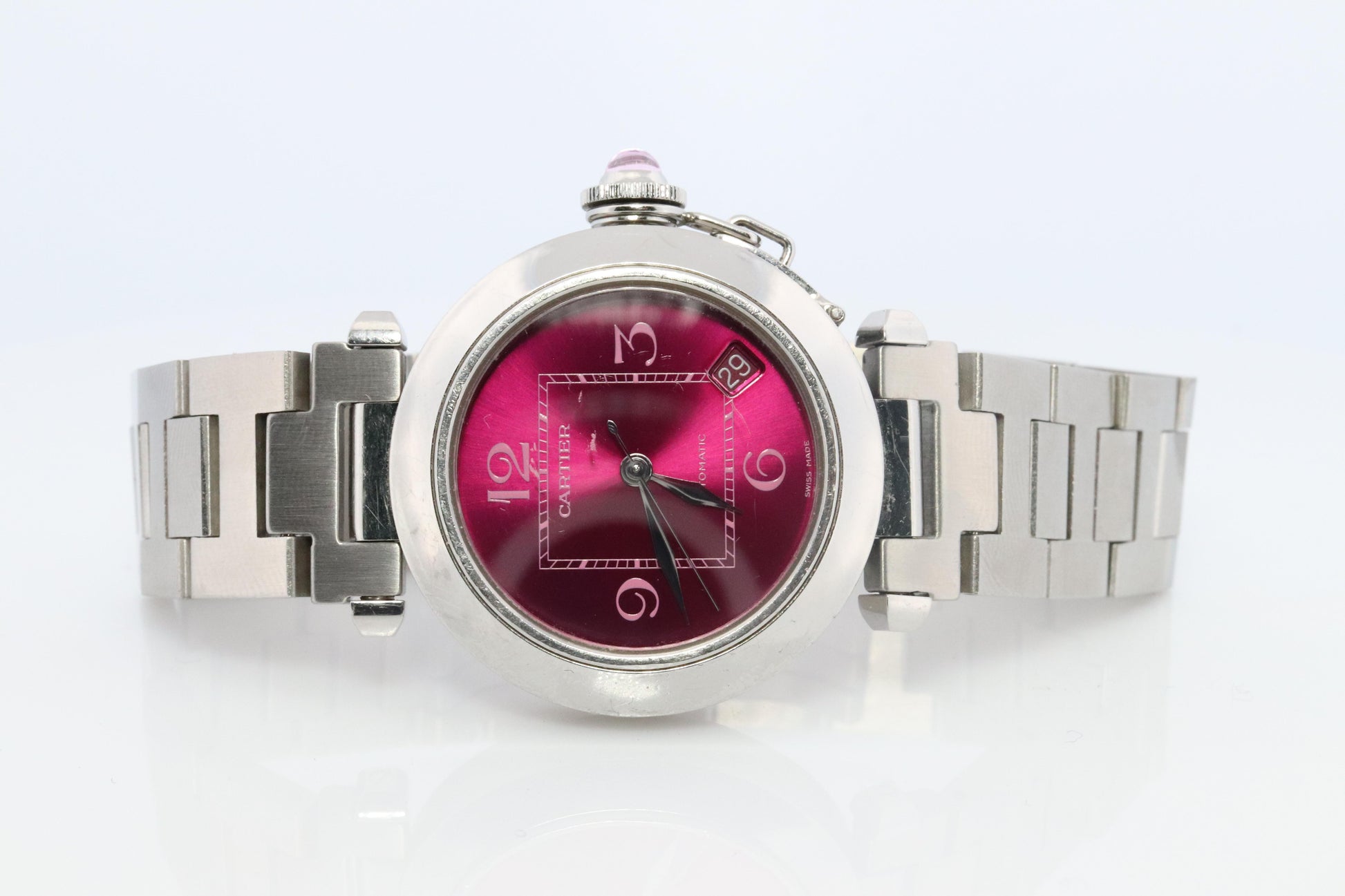 Vintage Cartier PASHA C Automatic 2324. Rare RED Cherry Bordeaux Dial.