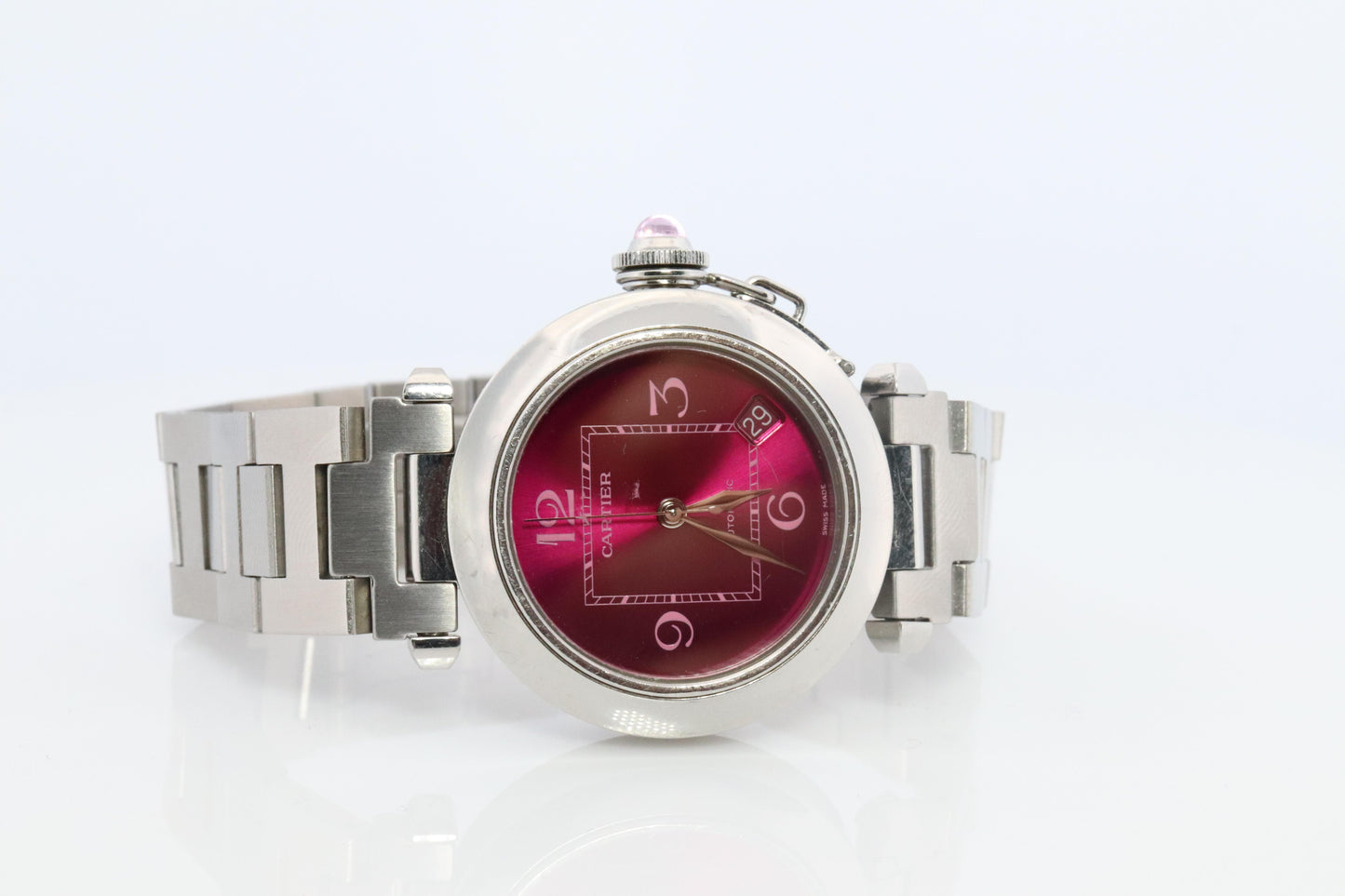 Vintage Cartier PASHA C Automatic 2324. Rare RED Cherry Bordeaux Dial.