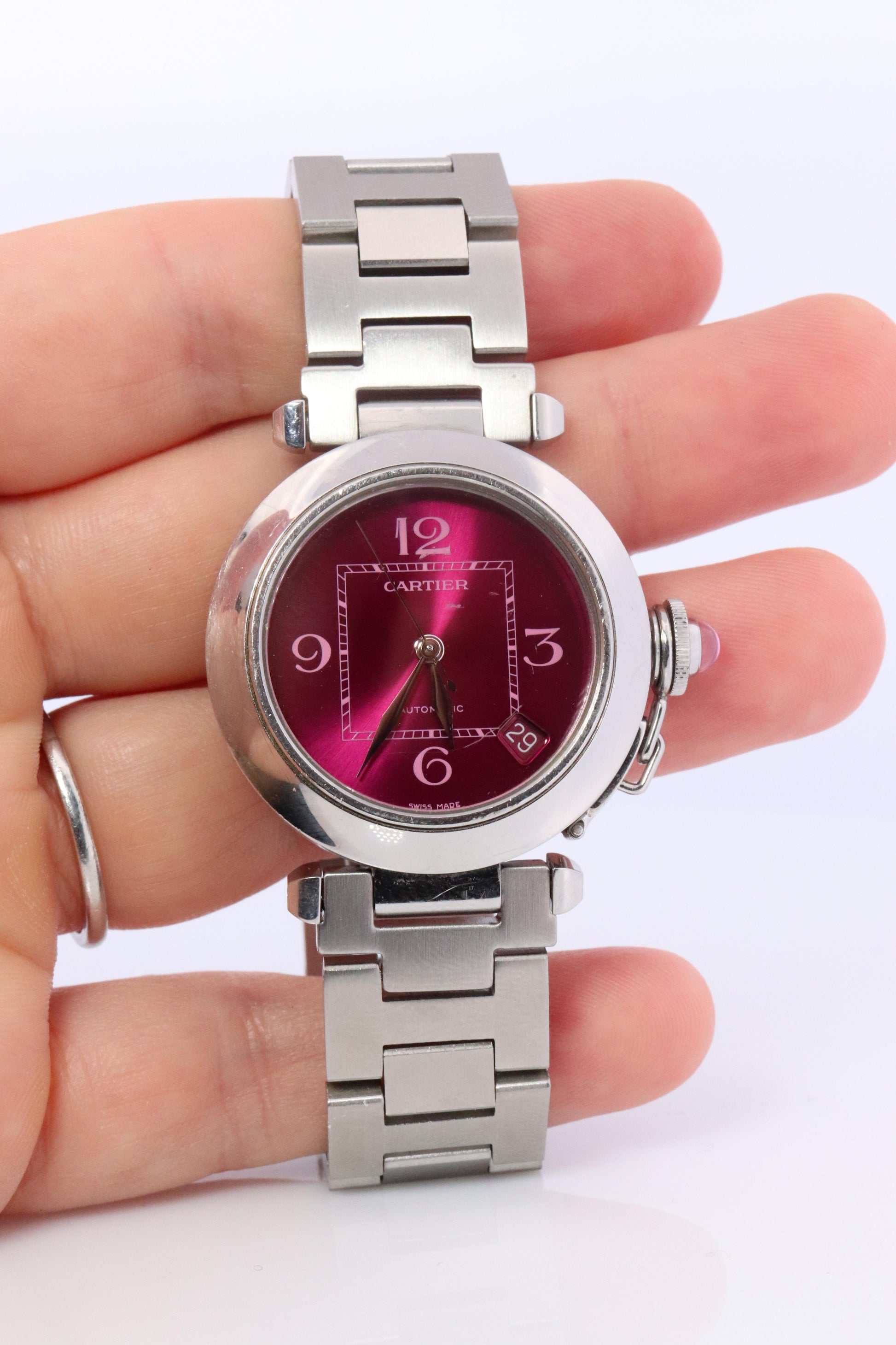 Vintage Cartier PASHA C Automatic 2324. Rare RED Cherry Bordeaux Dial.