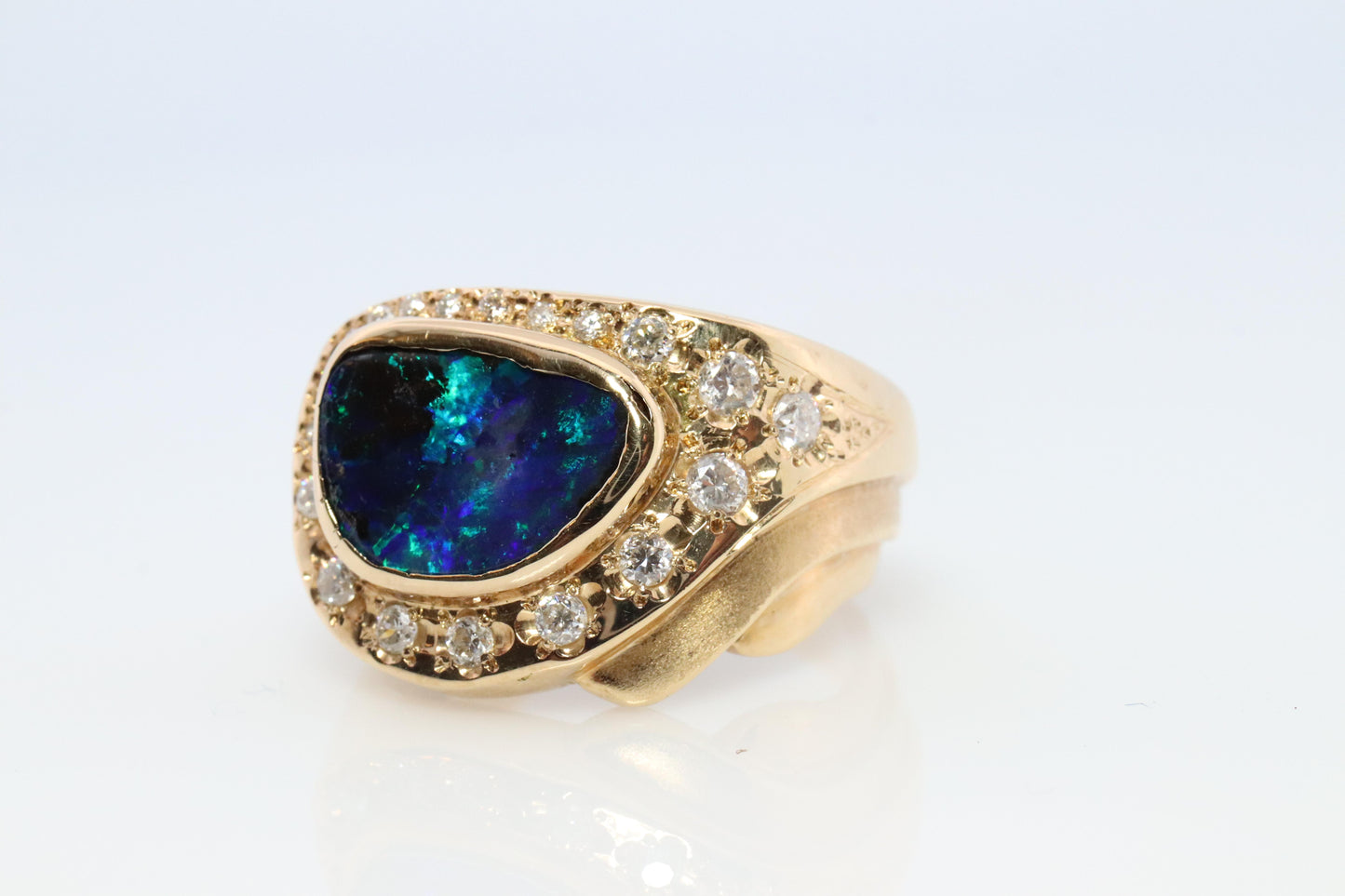 Boulder Opal Diamond Ring. 18k Gold Genuine Opal Diamond Set Ring.
