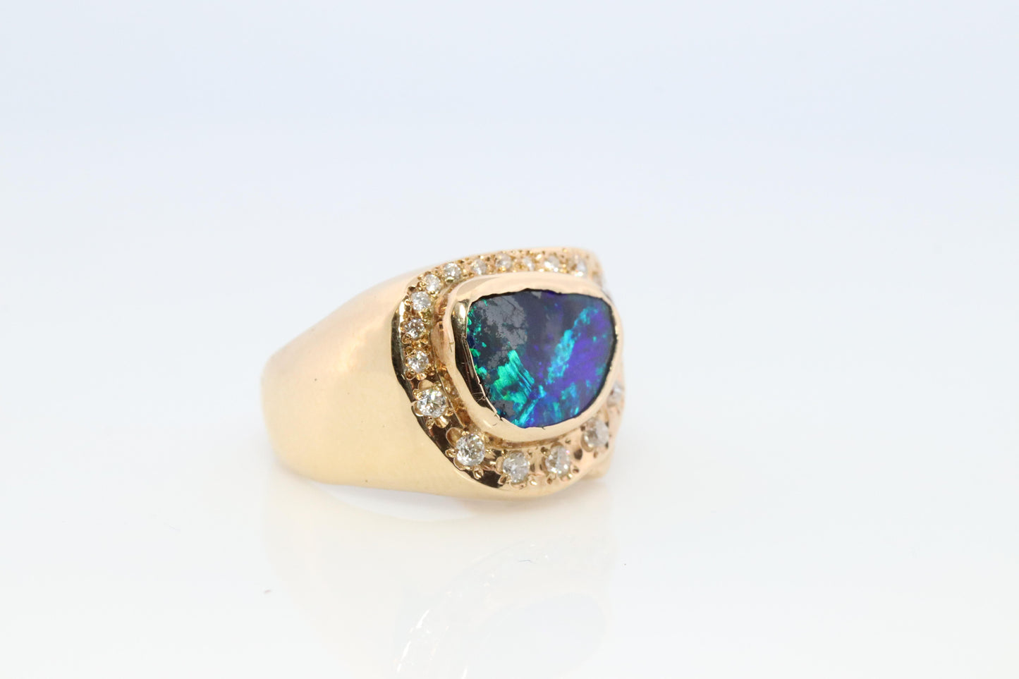 Boulder Opal Diamond Ring. 18k Gold Genuine Opal Diamond Set Ring.