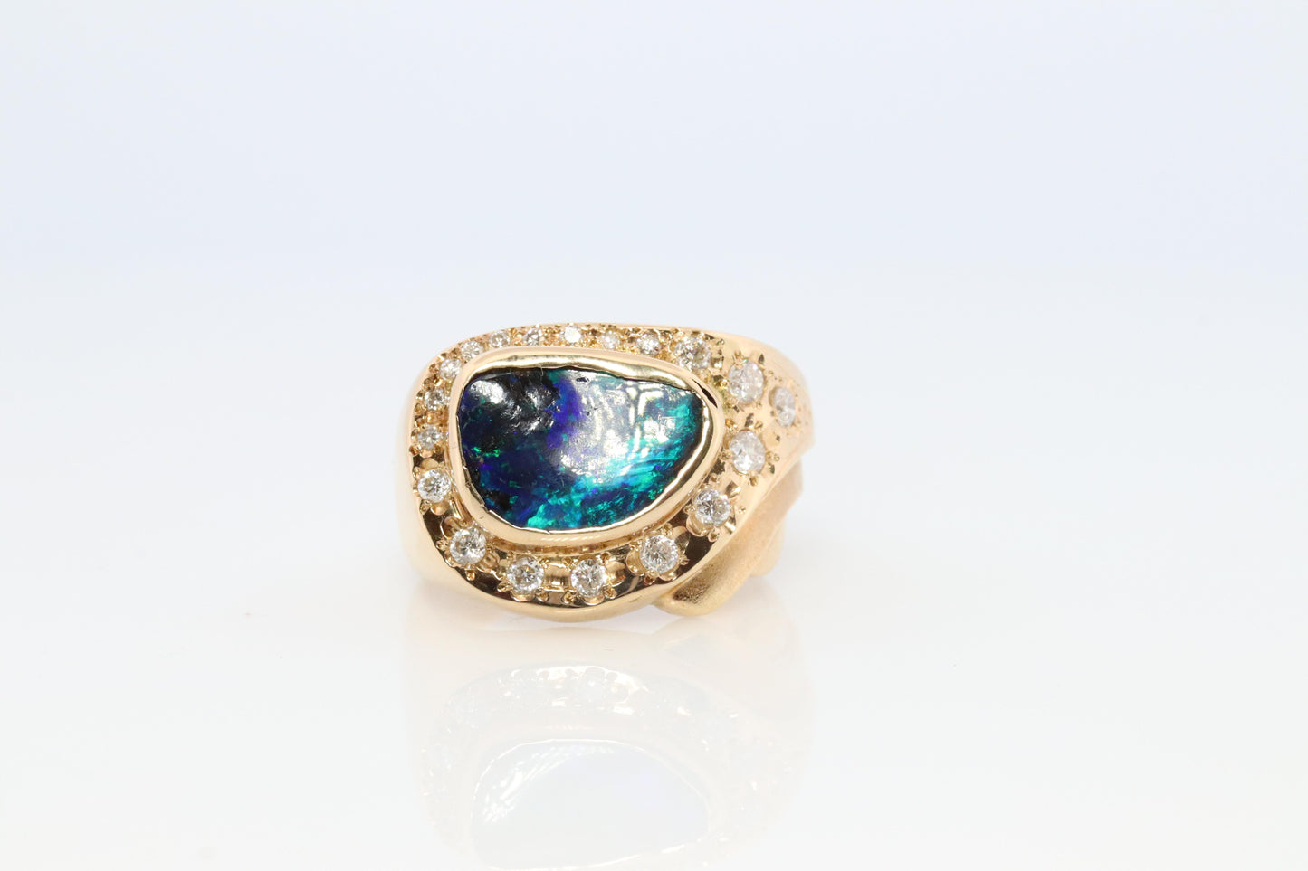 Boulder Opal Diamond Ring. 18k Gold Genuine Opal Diamond Set Ring.