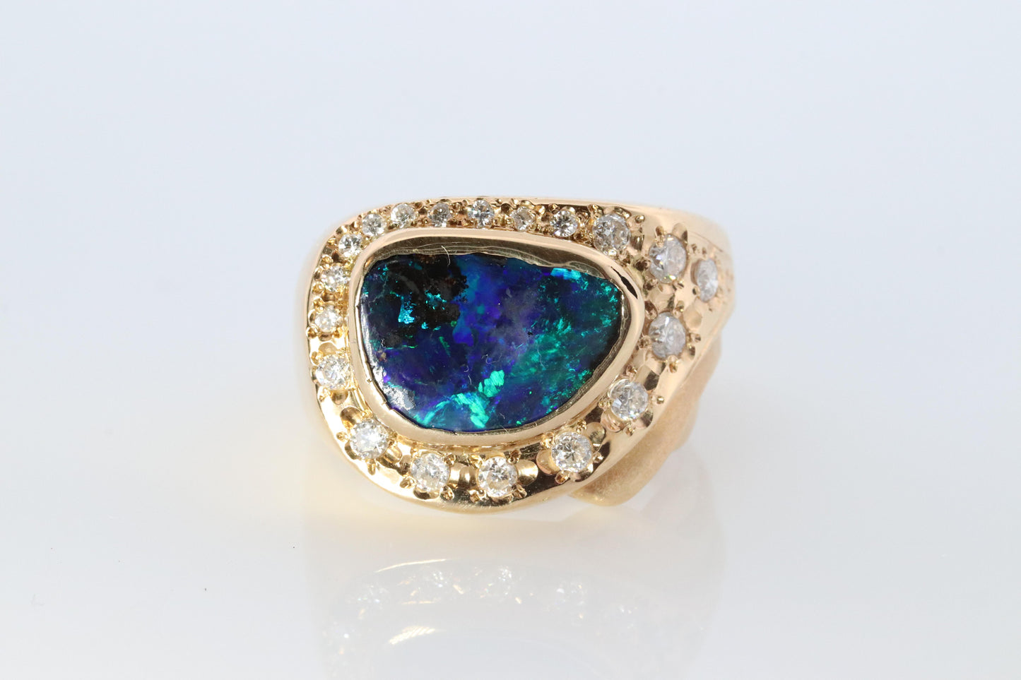 Boulder Opal Diamond Ring. 18k Gold Genuine Opal Diamond Set Ring.