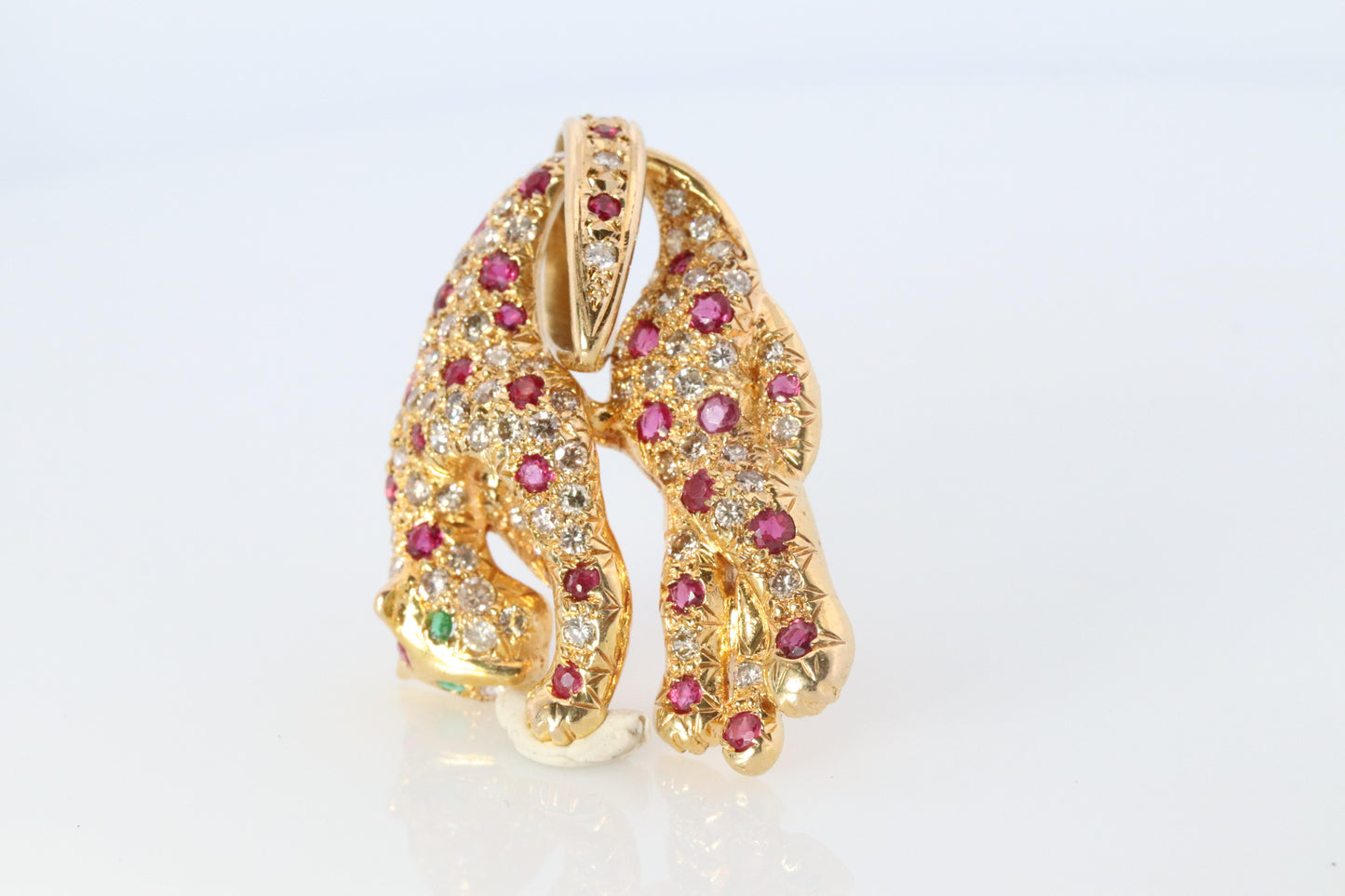 18k Panther Leopard Jaguar Cheetah Ruby Pendant. Encrusted Rubies and Diamonds.