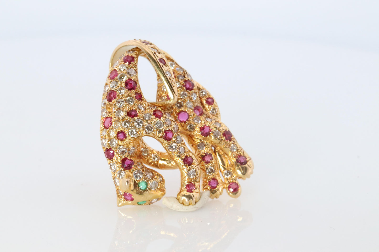 18k Panther Leopard Jaguar Cheetah Ruby Pendant. Encrusted Rubies and Diamonds.