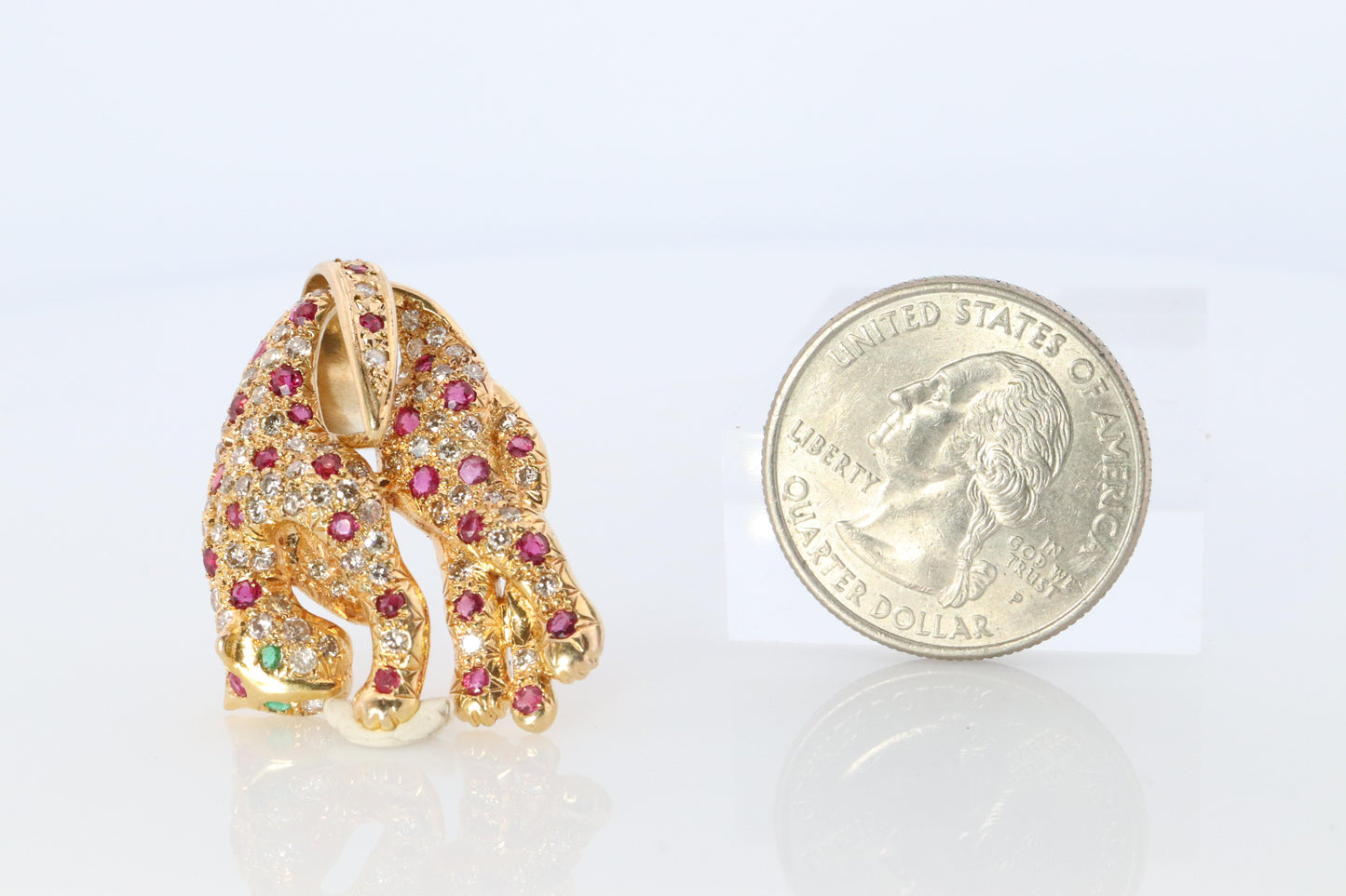 18k Panther Leopard Jaguar Cheetah Ruby Pendant. Encrusted Rubies and Diamonds.