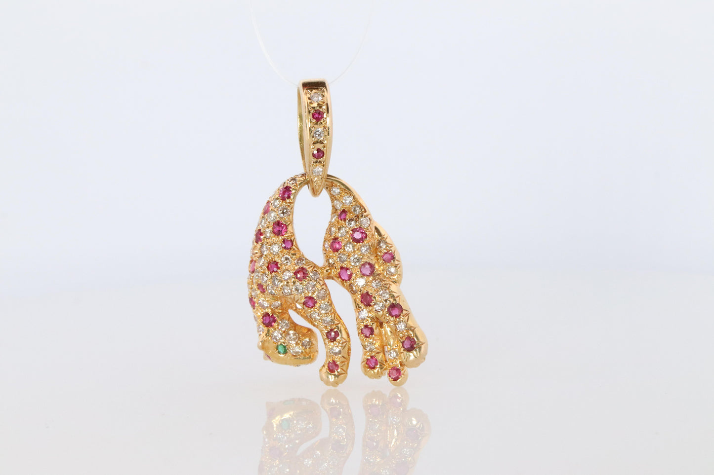 18k Panther Leopard Jaguar Cheetah Ruby Pendant. Encrusted Rubies and Diamonds.
