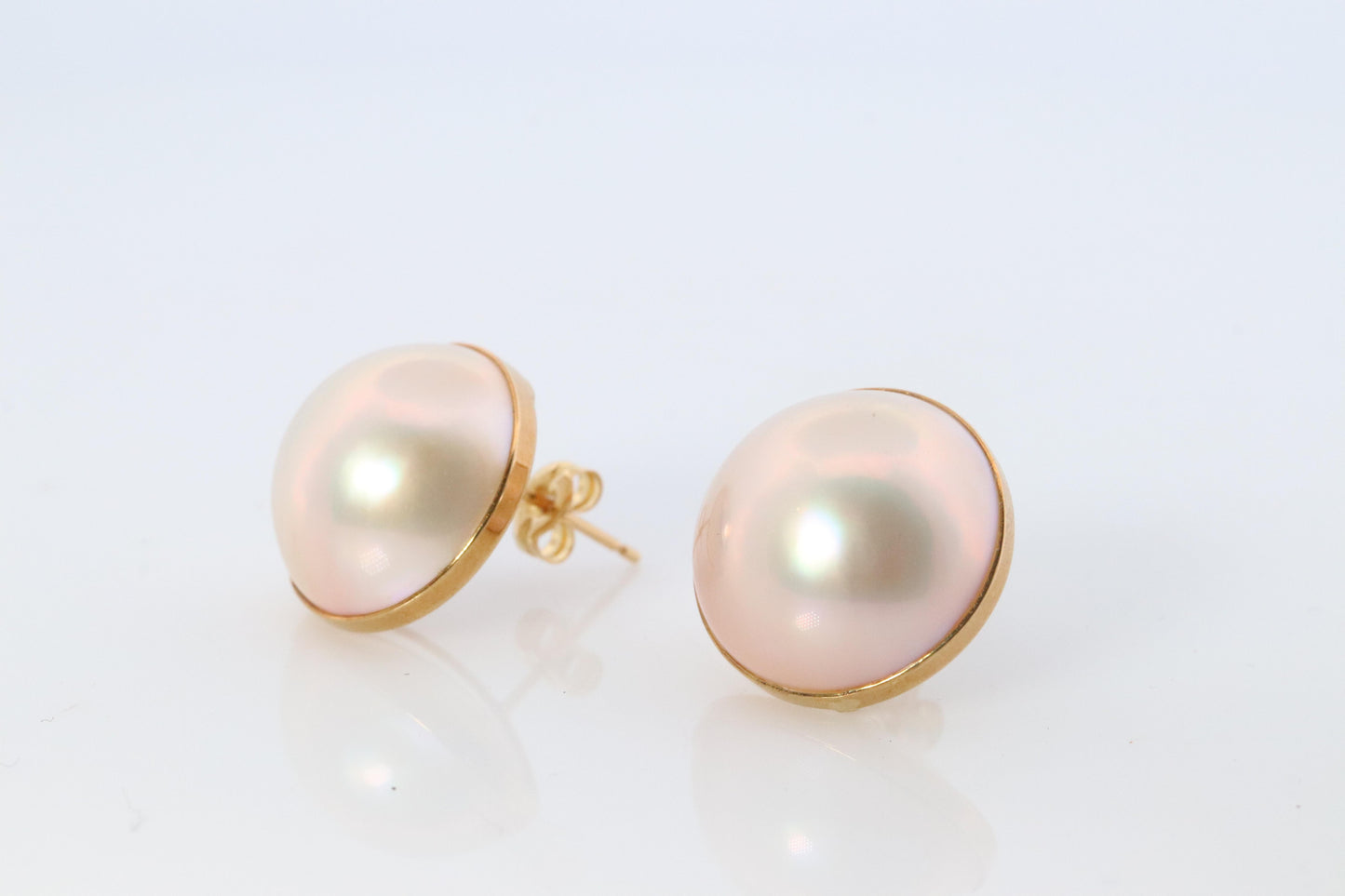Large Mabe Pearl Earrings. 18k Yellow Gold Stud Pierced Round Mabe.