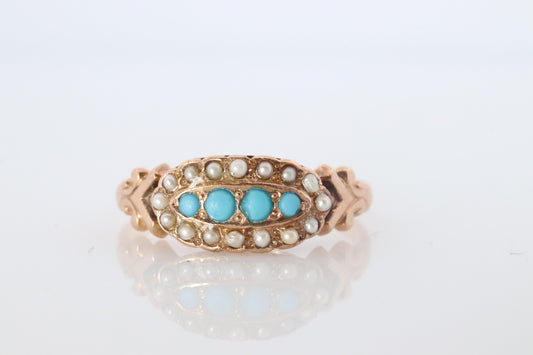 Victorian 10k Turquoise Cabochon and Pearl Seed Ring. 10k Victorian flower ring.