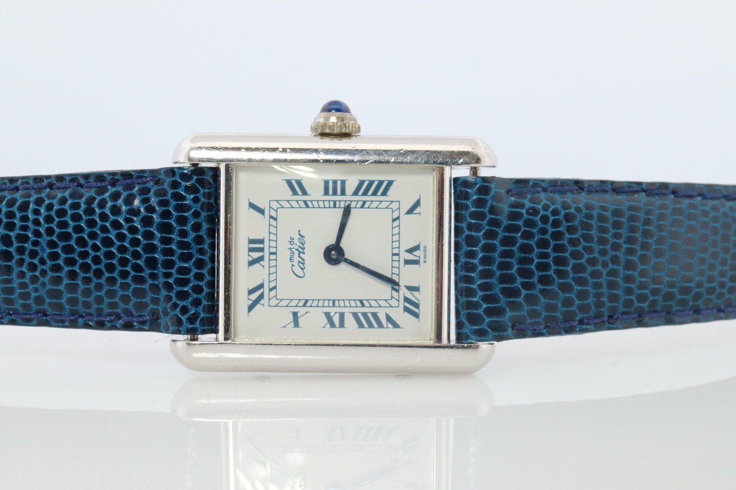 Vintage Must de Cartier Tank Watch. 925 Vermeil ARGENT 6057002 White Blue Dial