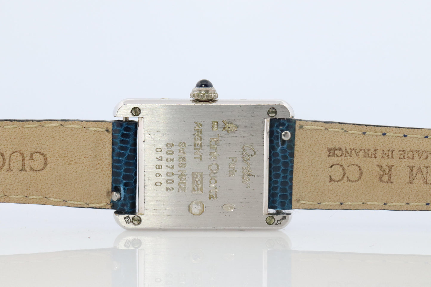 Vintage Must de Cartier Tank Watch. 925 Vermeil ARGENT 6057002 White Blue Dial