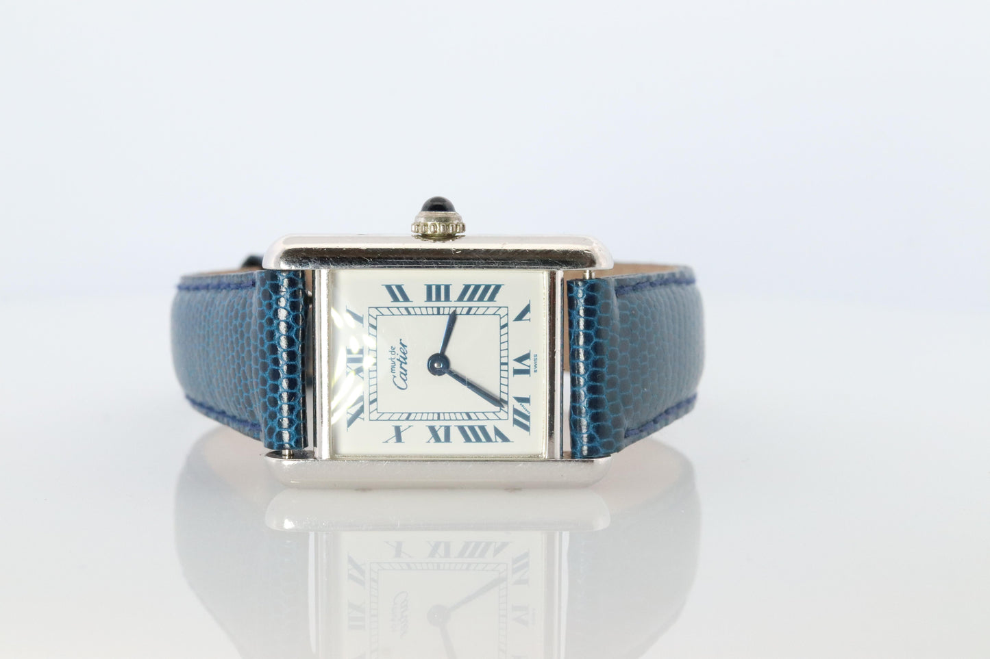 Vintage Must de Cartier Tank Watch. 925 Vermeil ARGENT 6057002 White Blue Dial