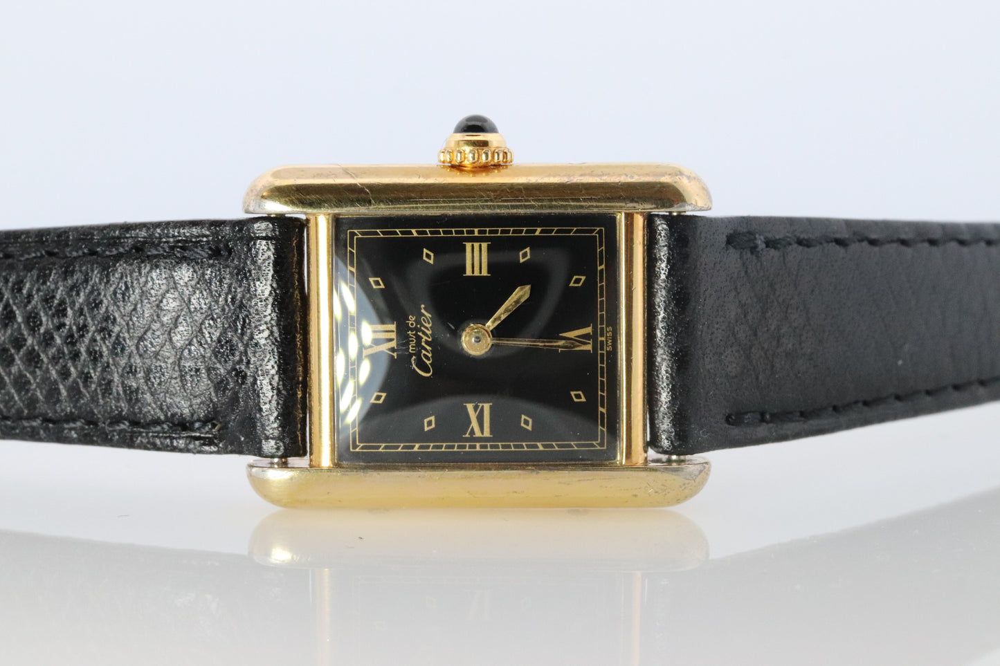 Vintage Must de Cartier Tank Black Dial Watch Vermeil ARGENT Small Manual Tank