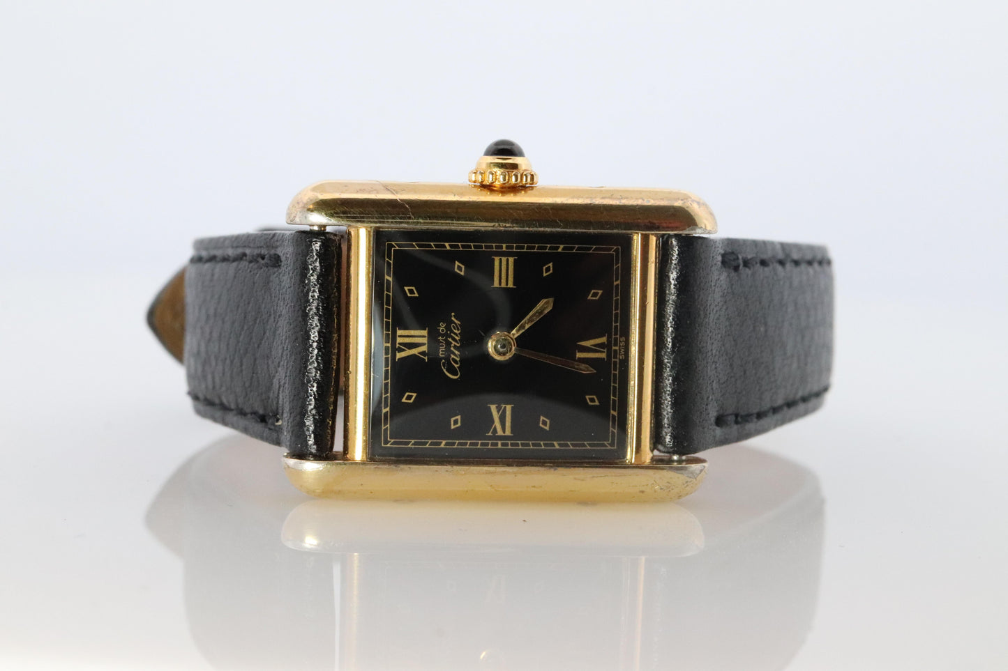 Vintage Must de Cartier Tank Black Dial Watch Vermeil ARGENT Small Manual Tank