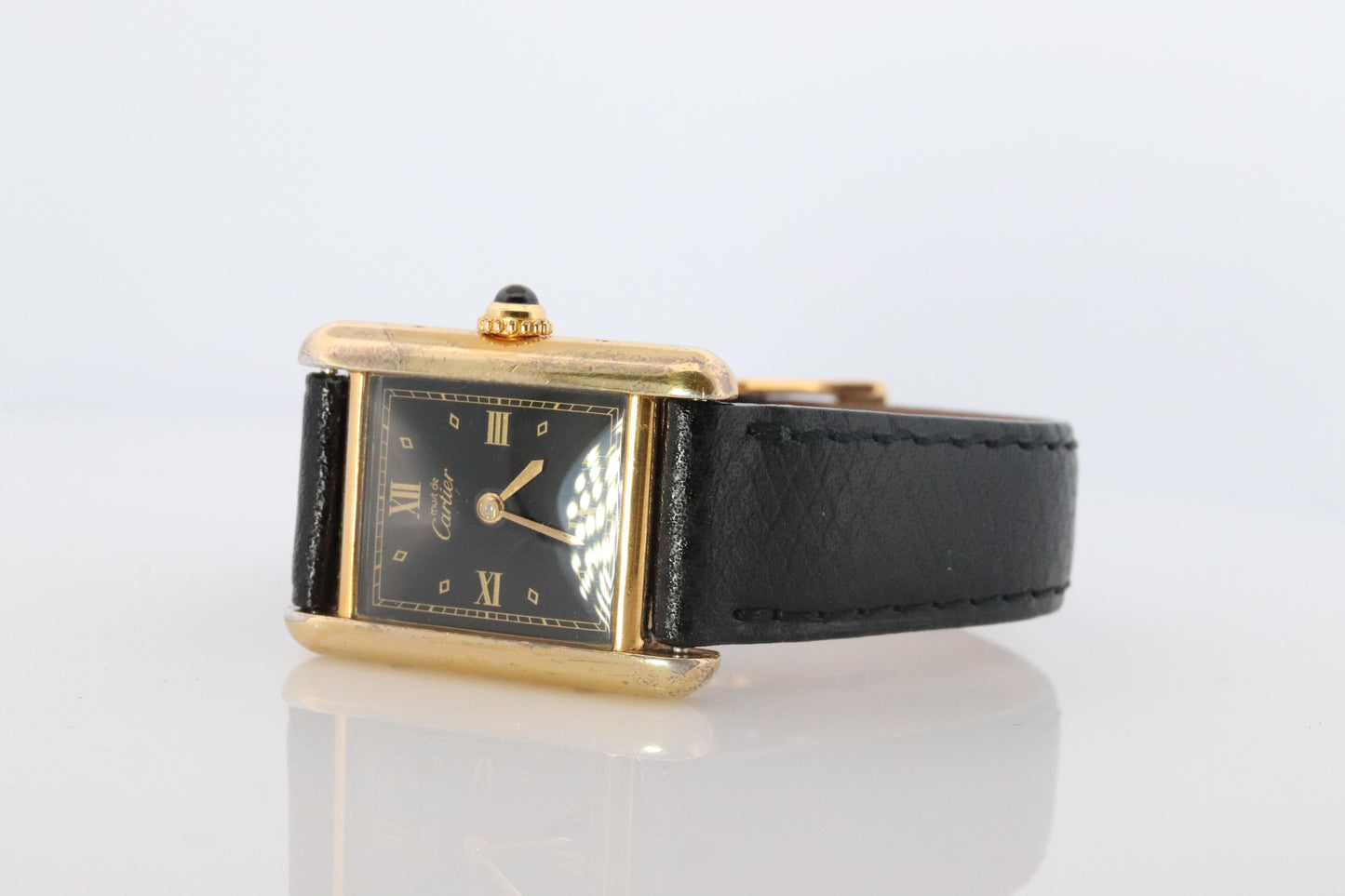 Vintage Must de Cartier Tank Black Dial Watch Vermeil ARGENT Small Manual Tank