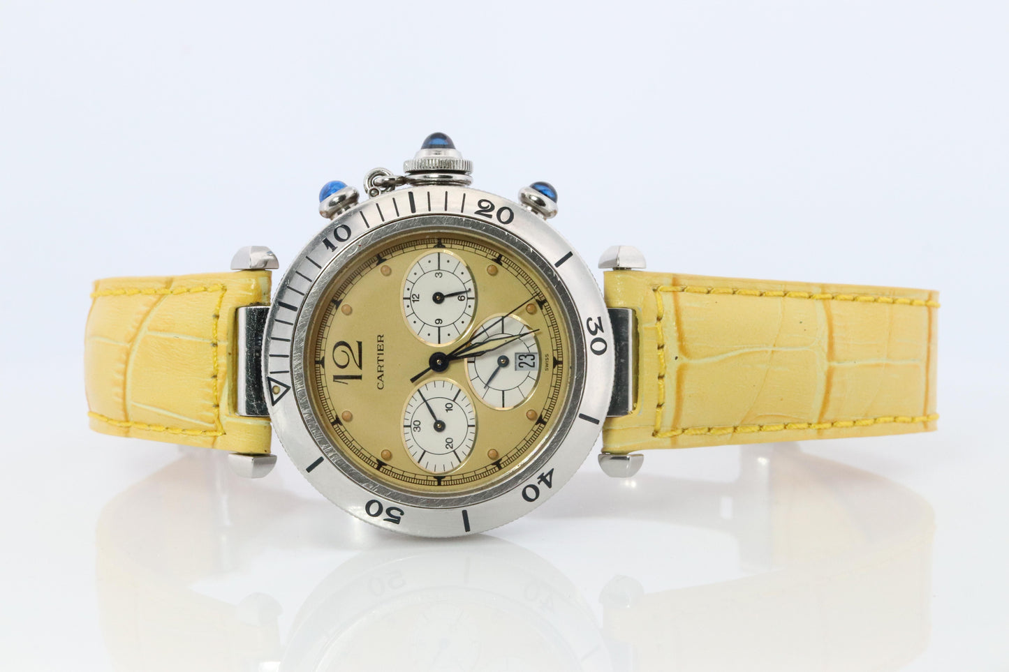 Vintage Cartier PASHA 38mm Chronograph. Rare Yellow Dial W3100355.