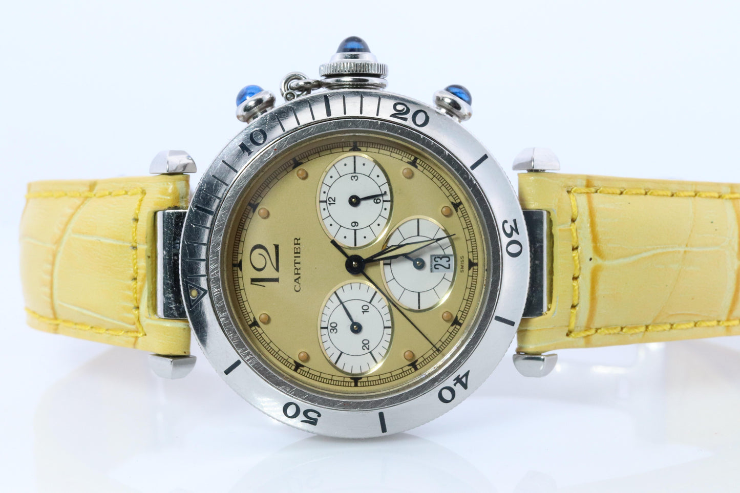Vintage Cartier PASHA 38mm Chronograph. Rare Yellow Dial W3100355.