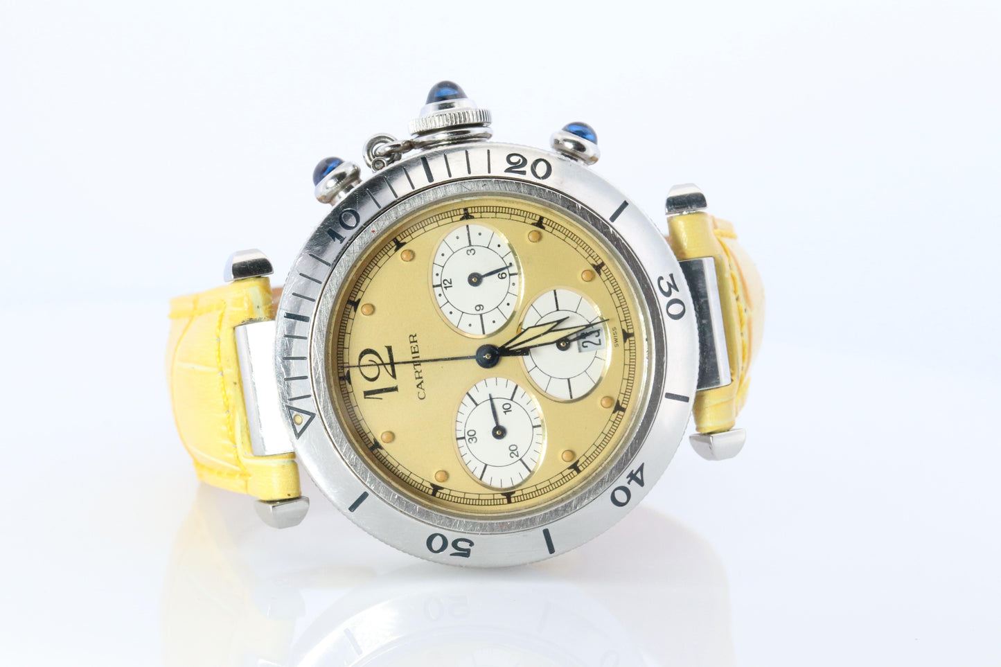 Vintage Cartier PASHA 38mm Chronograph. Rare Yellow Dial W3100355.