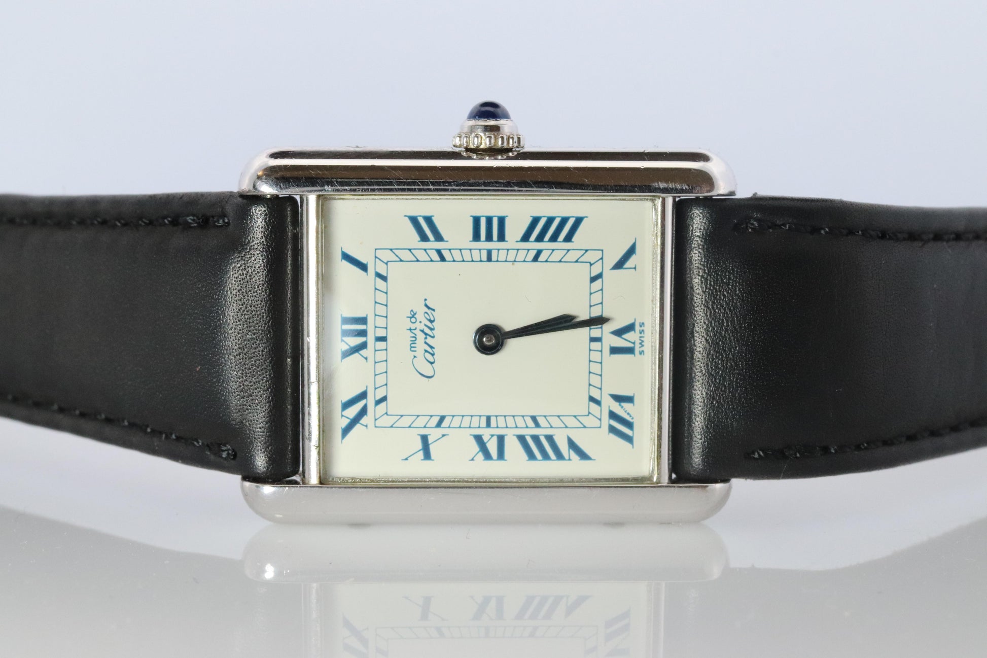 Vintage Must de Cartier Tank Watch. 925 Sterling 690006 White Blue Dial Tank