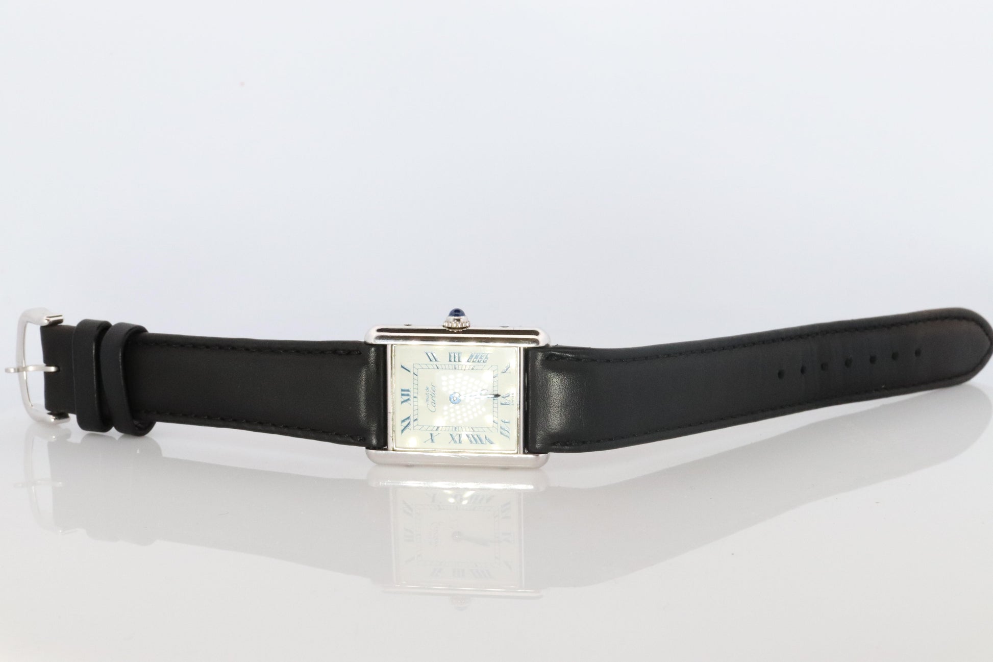 Vintage Must de Cartier Tank Watch. 925 Sterling 690006 White Blue Dial Tank