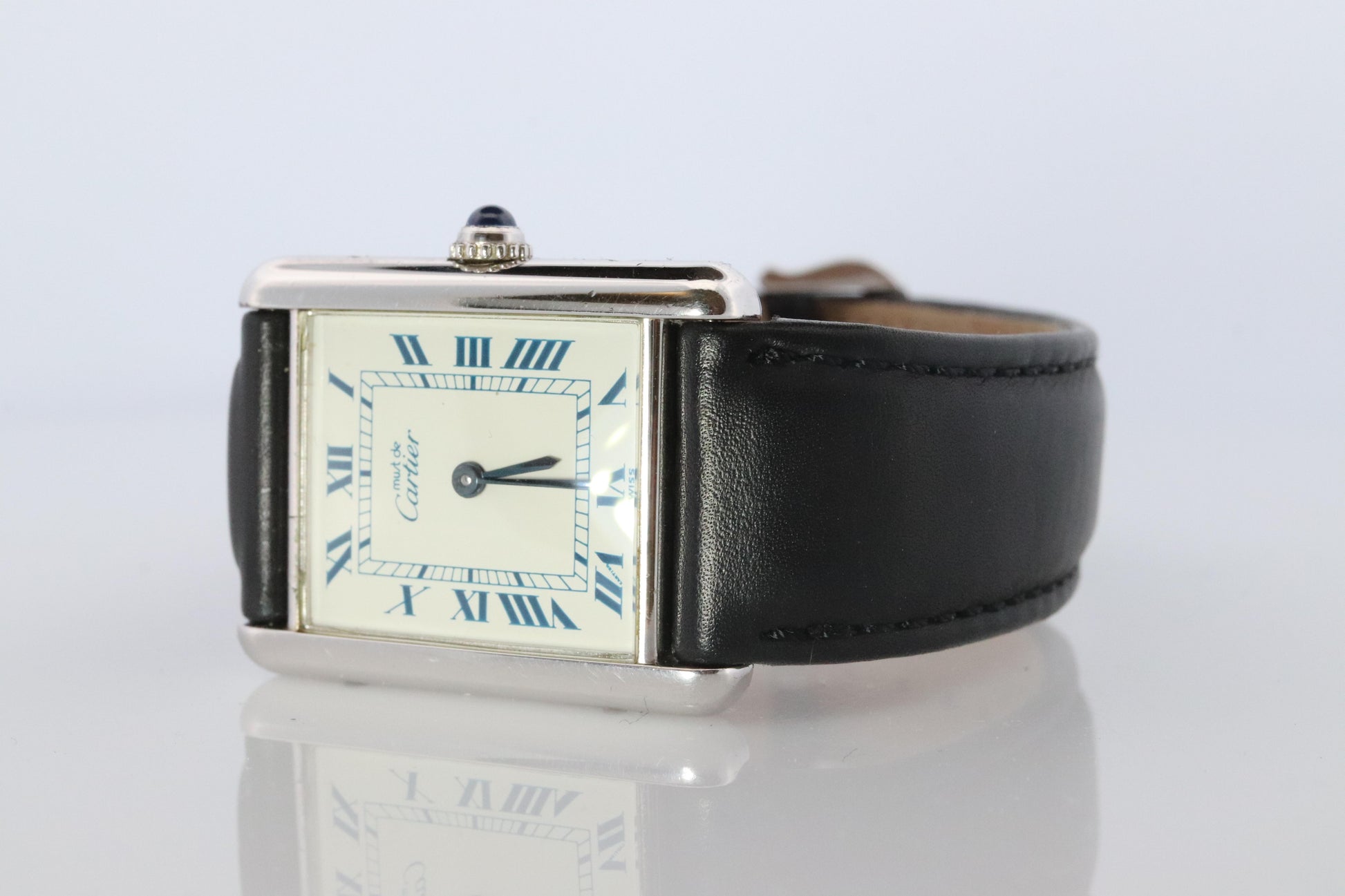 Vintage Must de Cartier Tank Watch. 925 Sterling 690006 White Blue Dial Tank