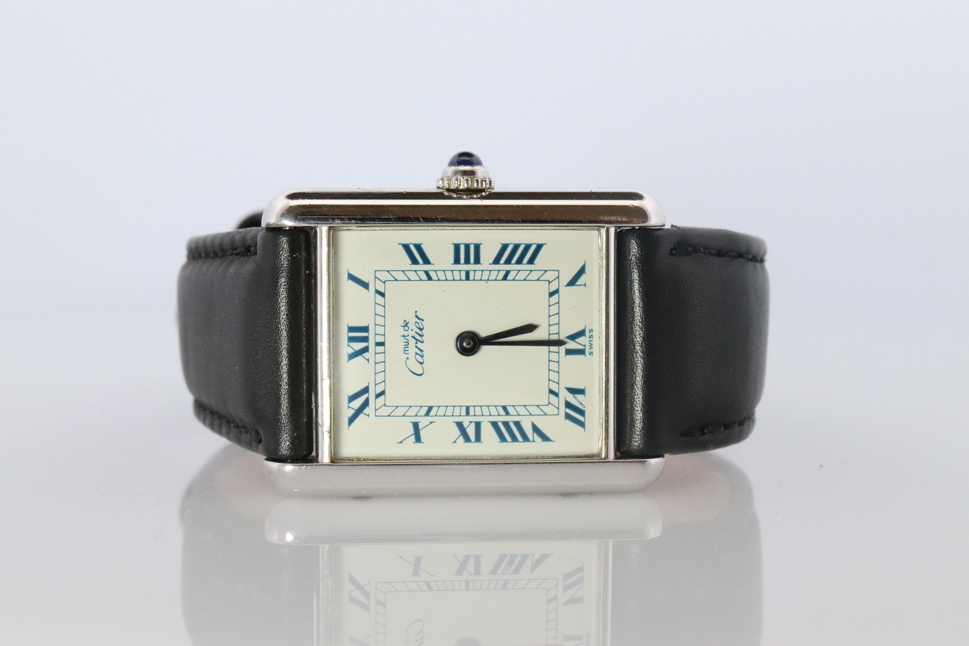 Vintage Must de Cartier Tank Watch. 925 Sterling 690006 White Blue Dial Tank