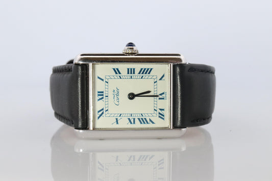 Vintage Must de Cartier Tank Watch. 925 Sterling 690006 White Blue Dial Tank