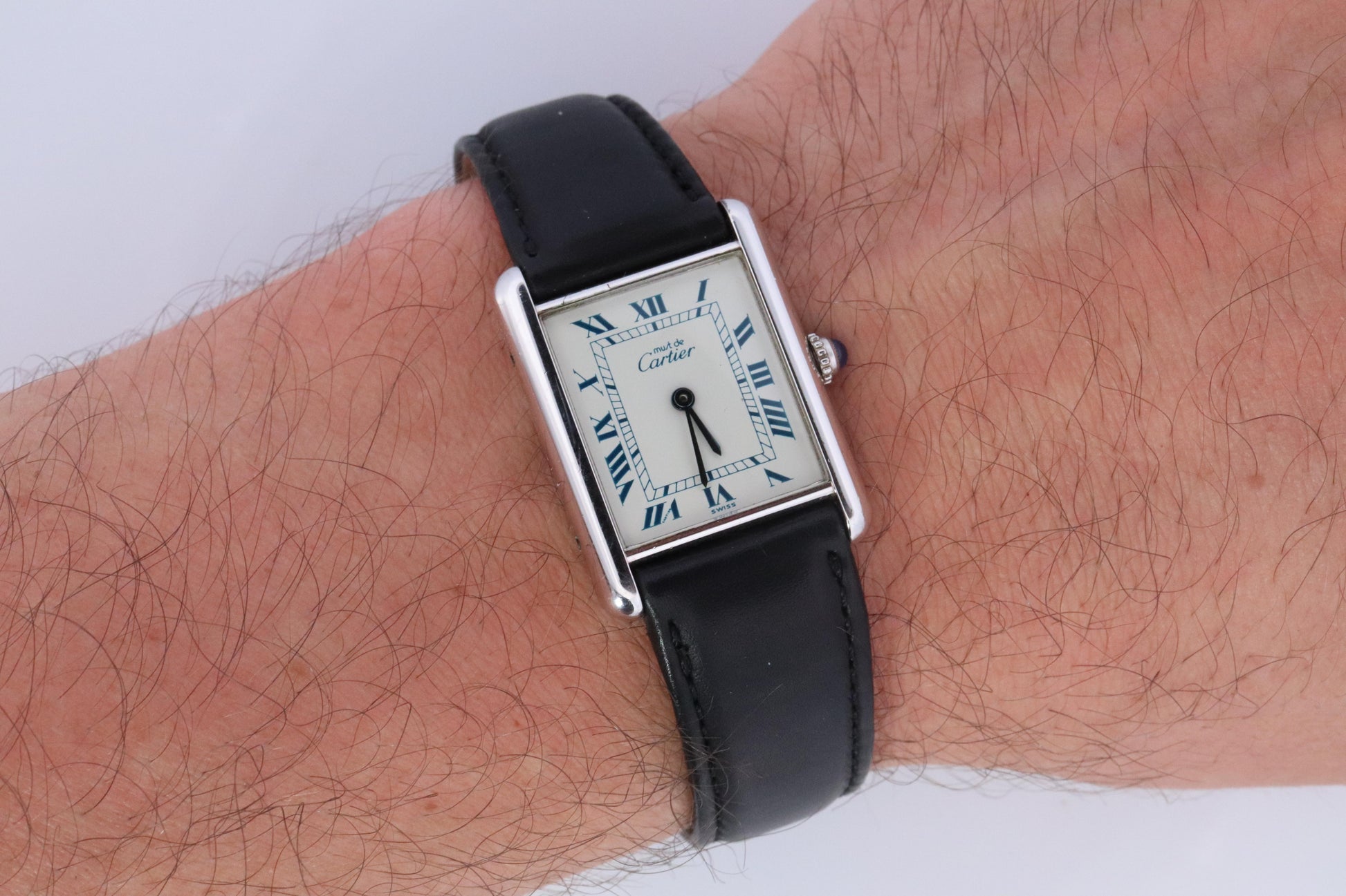 Vintage Must de Cartier Tank Watch. 925 Sterling 690006 White Blue Dial Tank