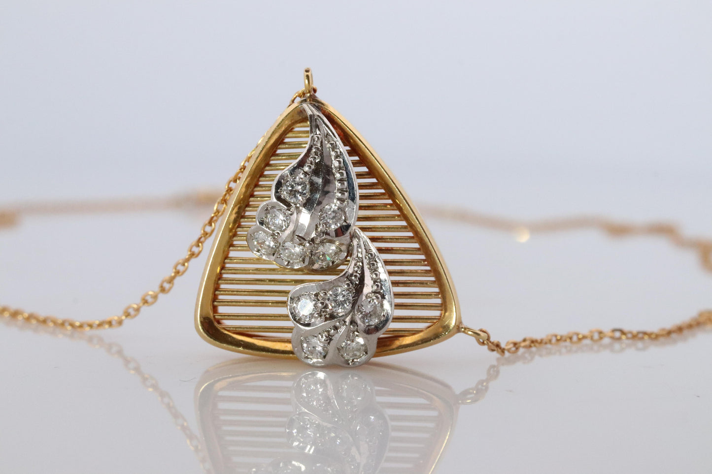 Mikimoto Pendant. Vintage 18k YG and Pt900 Mikimoto Diamond Shield Necklace