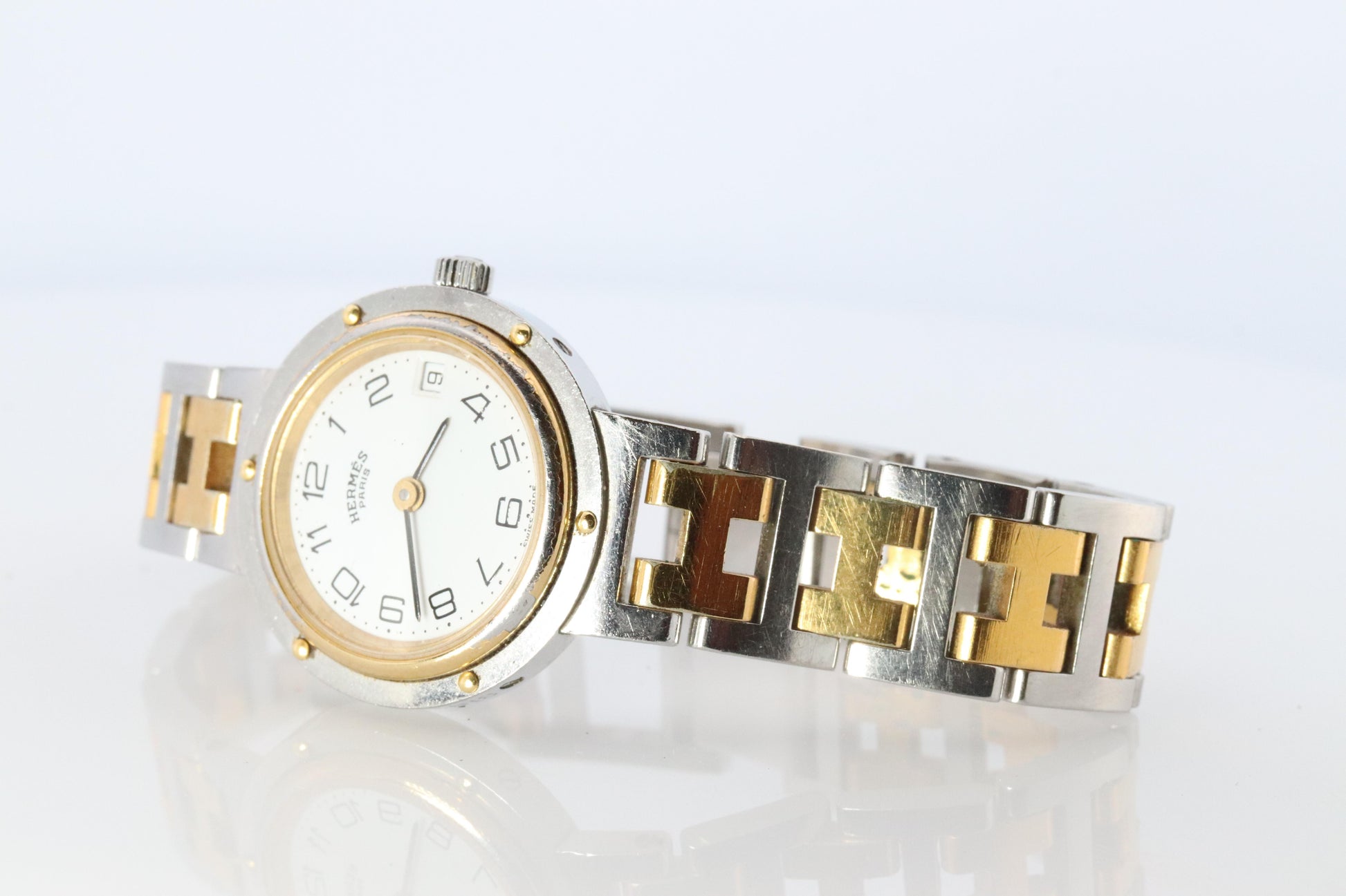 Genuine HERMES Stainless Steel 24mm Round Clipper Quartz Watch White Dial.