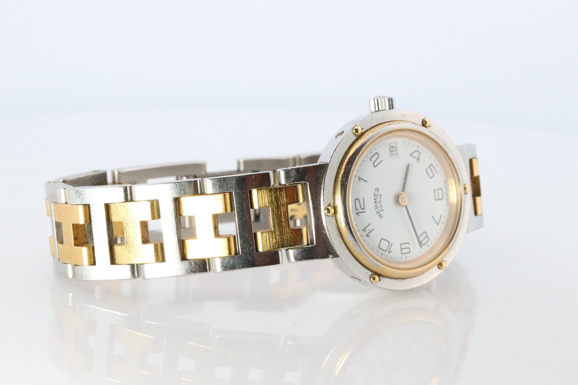 Genuine HERMES Stainless Steel 24mm Round Clipper Quartz Watch White Dial.