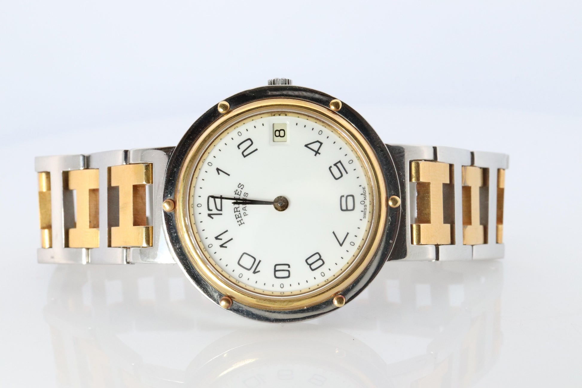Genuine HERMES Stainless Steel 30mm Round Clipper Quartz Watch White.