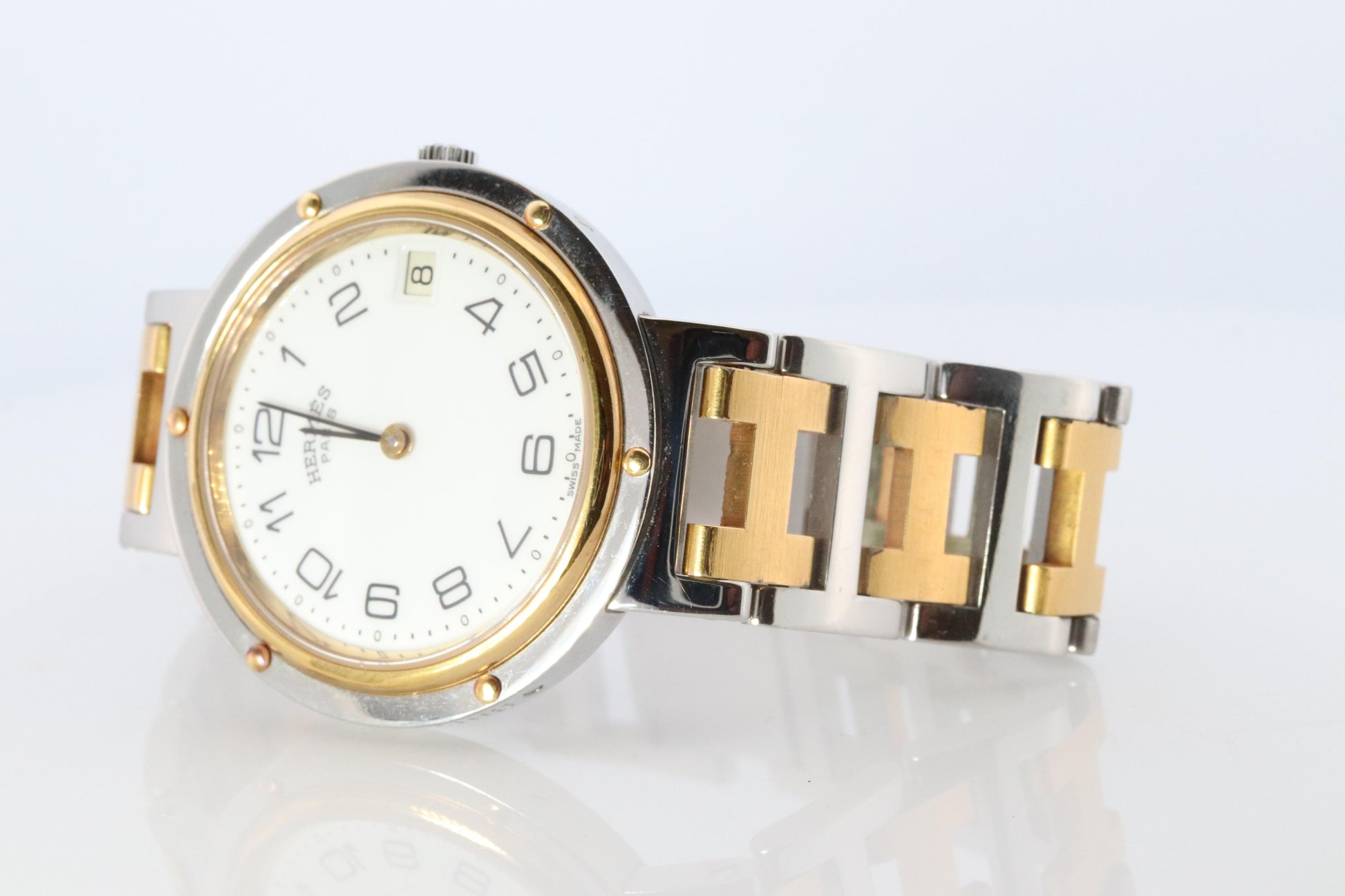 Genuine HERMES Stainless Steel 30mm Round Clipper Quartz Watch White.