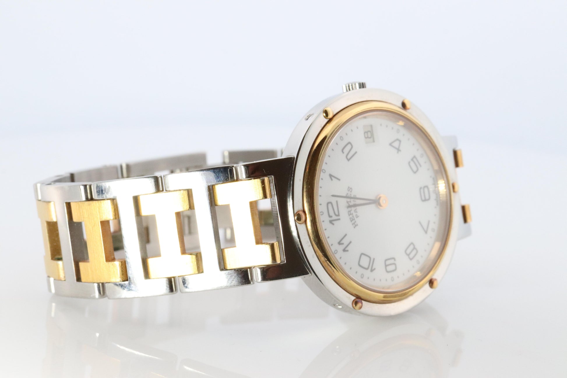 Genuine HERMES Stainless Steel 30mm Round Clipper Quartz Watch White.