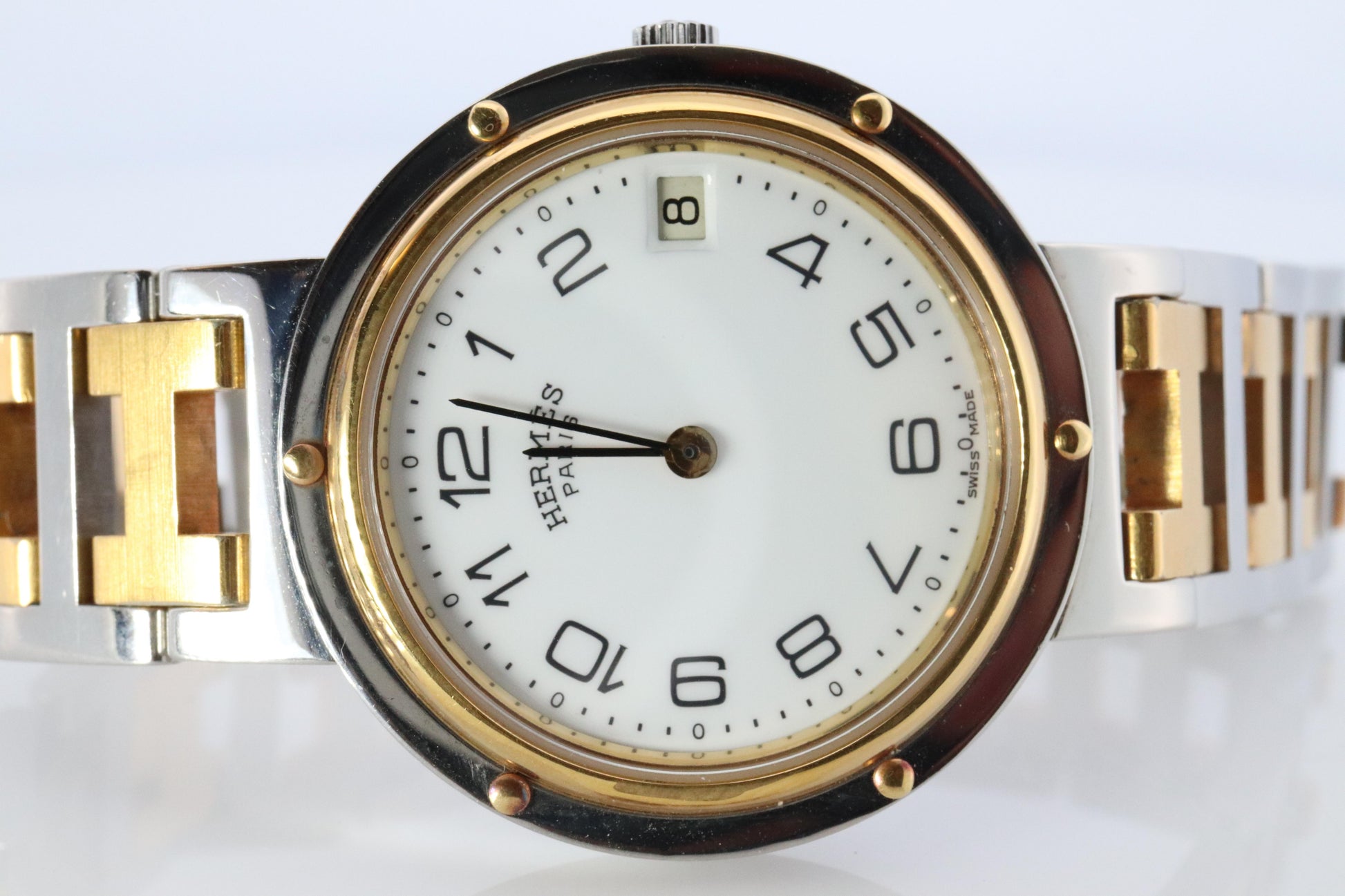 Genuine HERMES Stainless Steel 30mm Round Clipper Quartz Watch White.