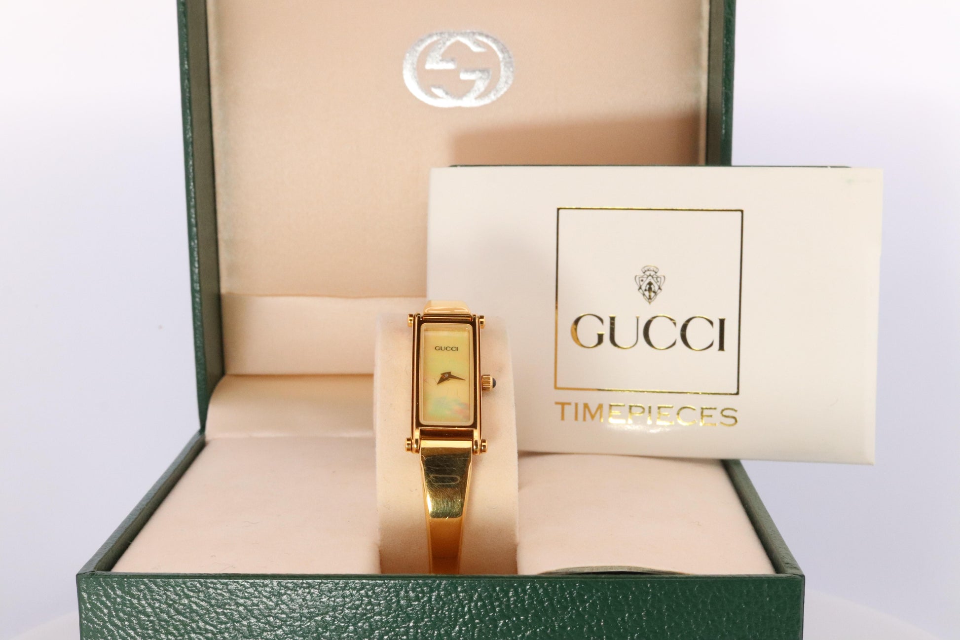 Vintage GUCCI 1500L Quartz MOP Dial Watch. Gucci Gold Bangle Wrist Timepiece
