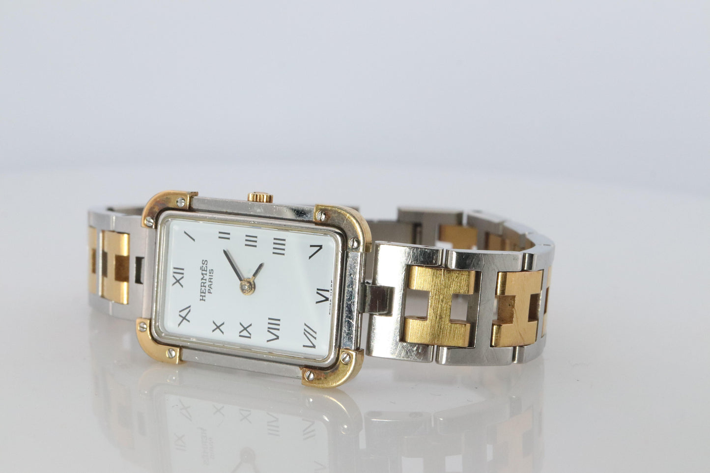 Genuine HERMES Stainless Steel 24mm Rectangle Croisiere Quartz Watch White.