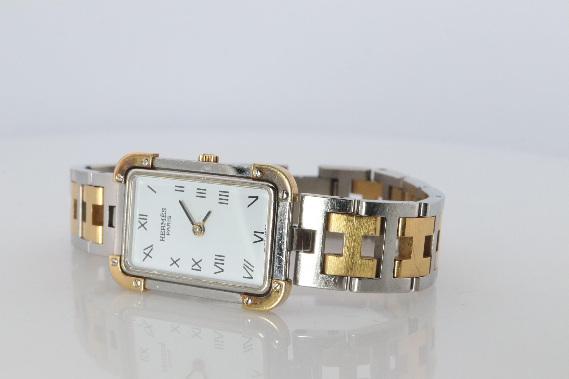Genuine HERMES Stainless Steel 24mm Rectangle Croisiere Quartz Watch White.