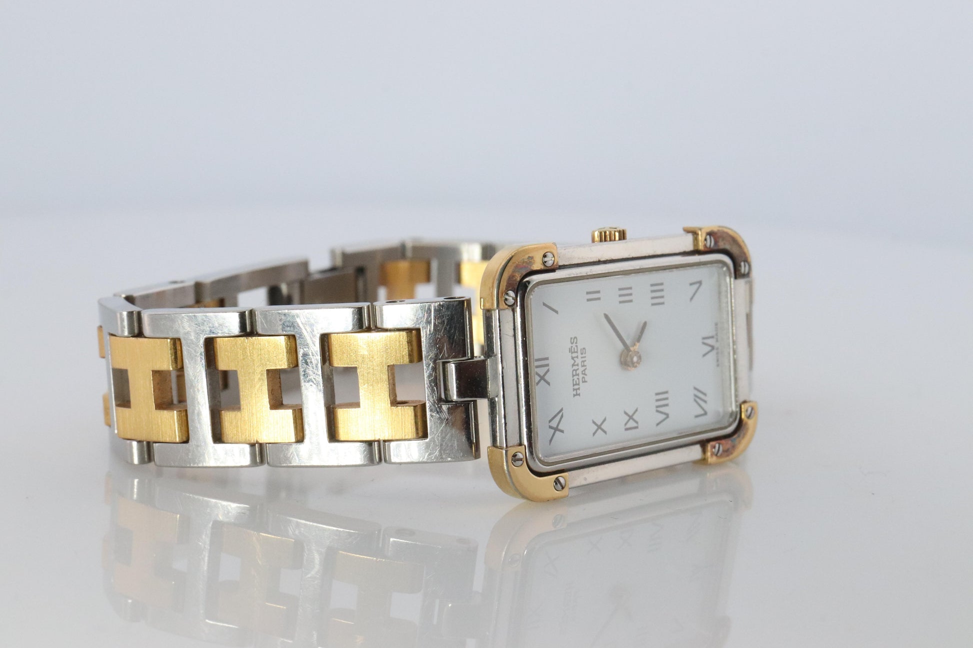 Genuine HERMES Stainless Steel 24mm Rectangle Croisiere Quartz Watch White.