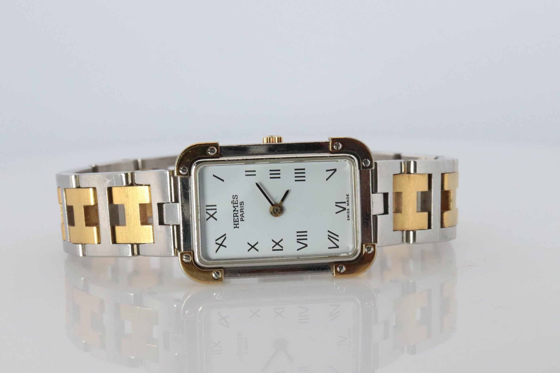 Genuine HERMES Stainless Steel 24mm Rectangle Croisiere Quartz Watch White.