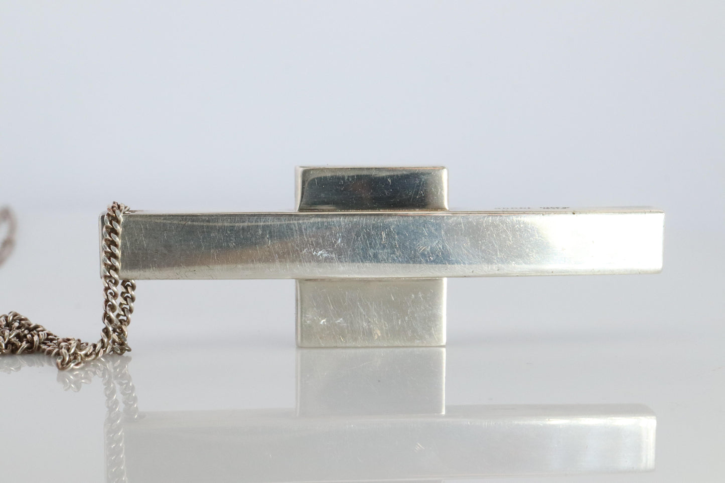 Vintage GUCCI Necklace. Geometric Cross Gucci Logo Sterling Silver Pendant