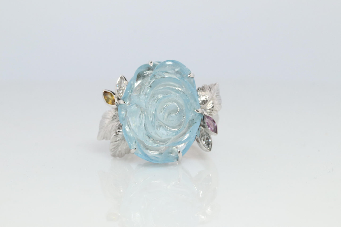 18k Aquamarine Sapphire ring. Carved Flower Aquamarine with Diamonds Sapphires