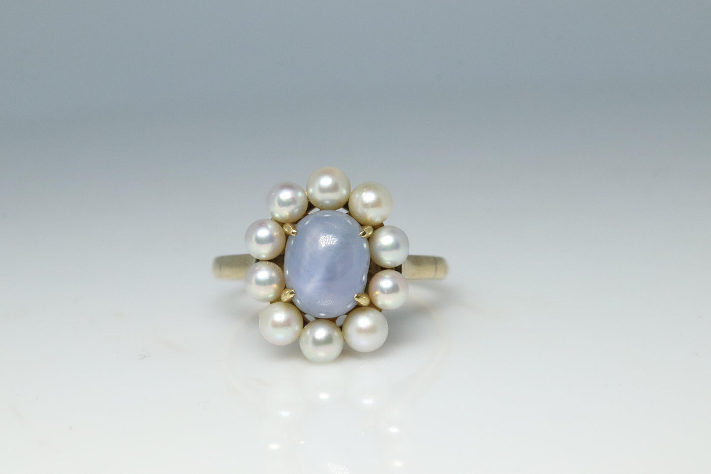 Mikimoto Star Sapphire Pearl Ring. 14k Mikimoto Sapphire Pearl Halo.
