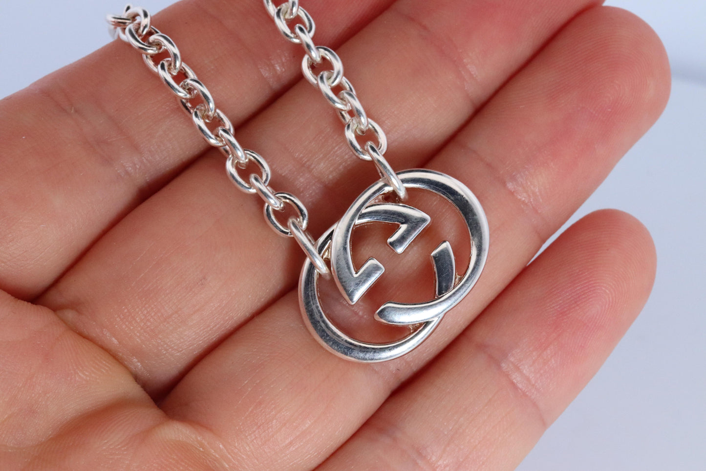 Vintage GUCCI Necklace. Double G Gucci Logo Sterling Silver Pendant