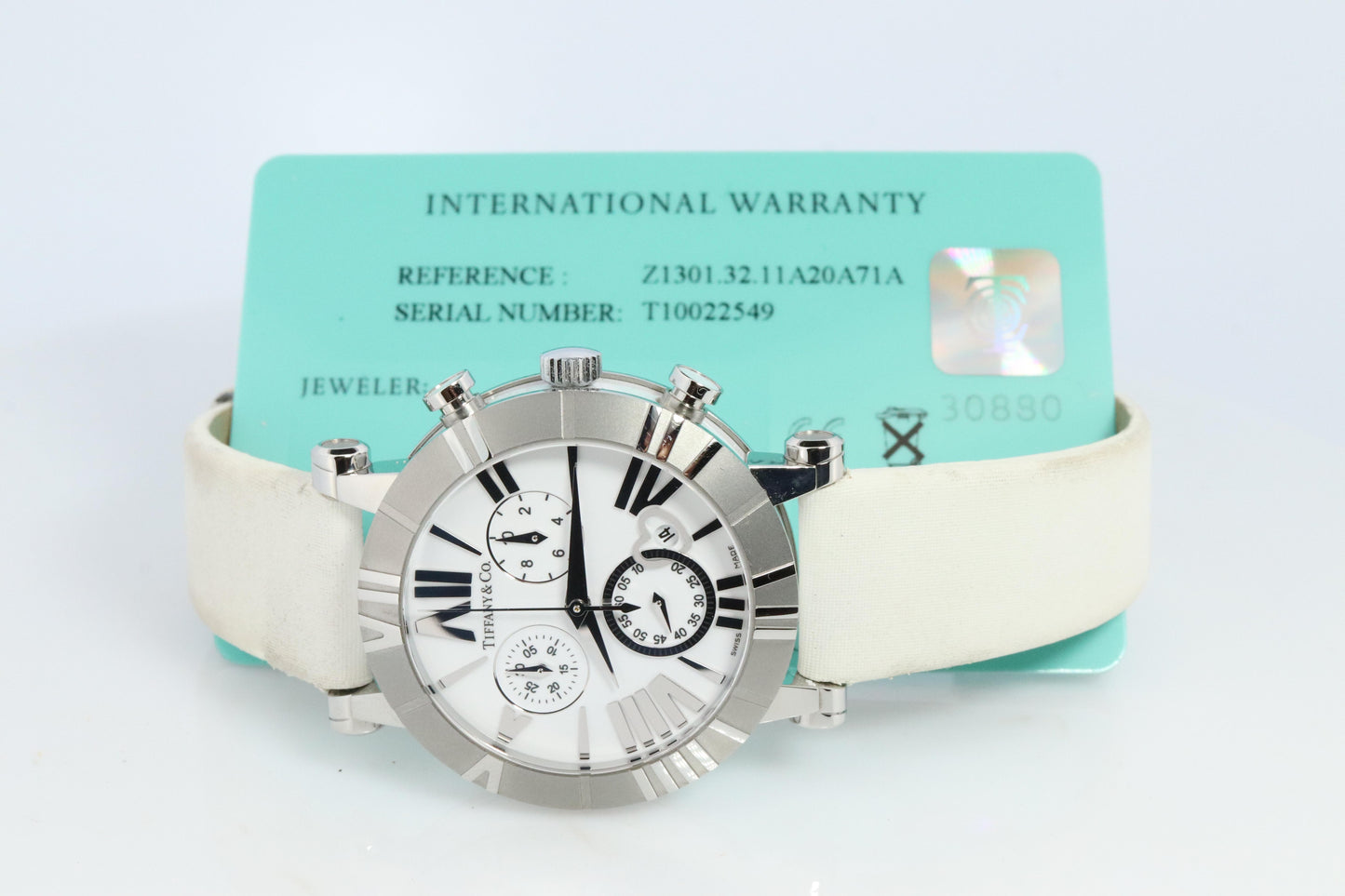 Tiffany and Co Watch. SS and Ceramic Tiffany Atlas Chrono Ladies Watch.