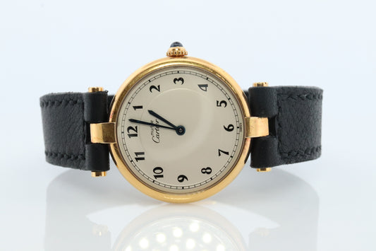 Vintage Must de Cartier Vendome Uhr. ARGENT Cartier 925 Vermeil Quarz Ardent RUND Swiss Made. Originalpapiere st(1-0-92)